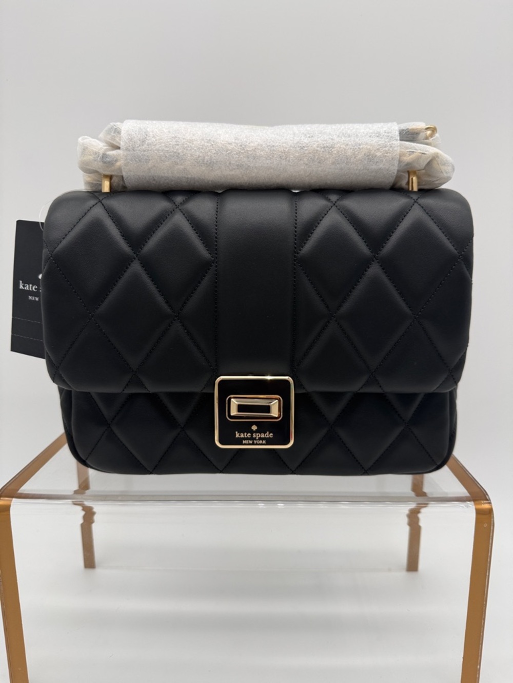 Kate Spade Carey Quilted Small Flap Crossbody Shoulder Bag Black Gold